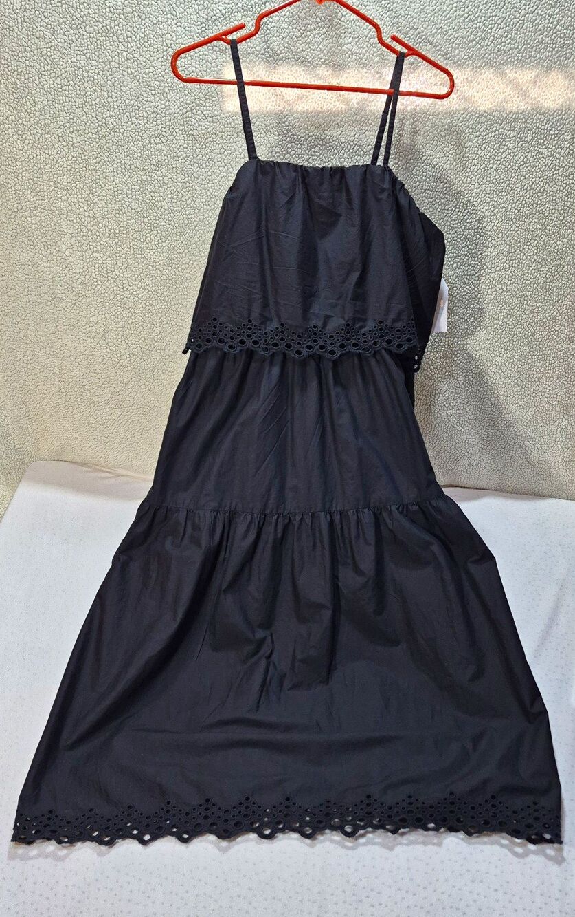 Time And Tru Womens Black Eyelet Midi Sundress Square Neck Size L NWT